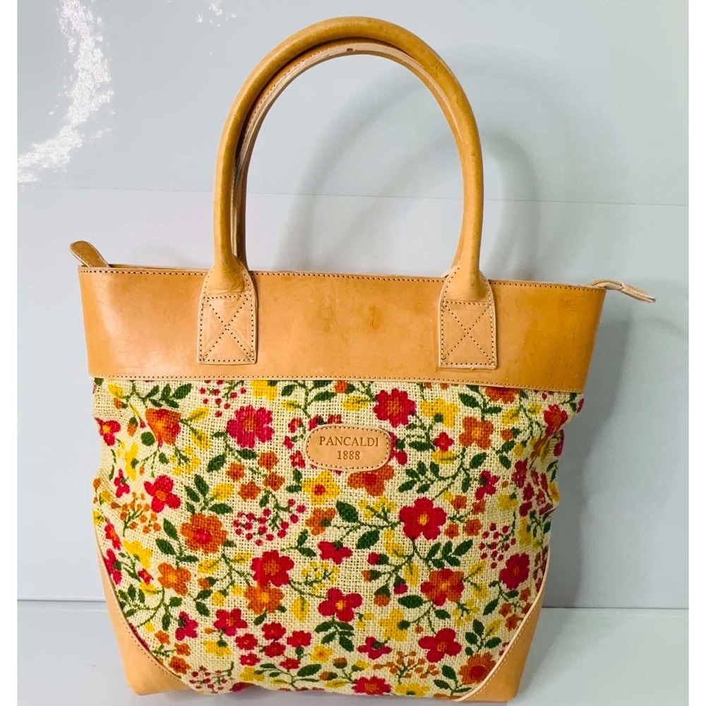 VTG Pancaldi 1888 Italian Floral Woven Leather Tote Handbag Zip Top Cottagecore